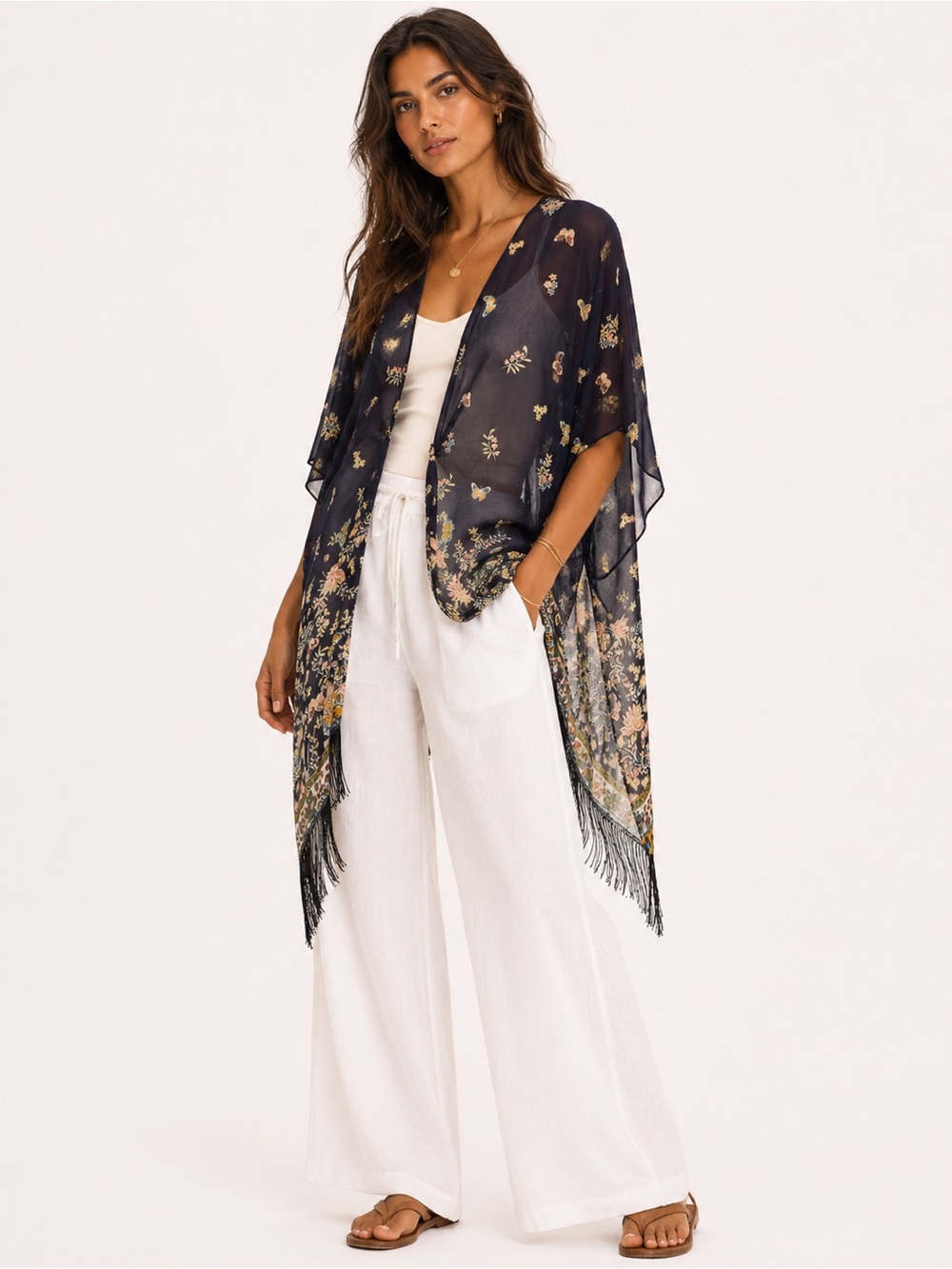 Boho Navy Floral Sheer Kimono Fringe Cover Up OS One Size